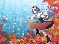 Rule 34 | 1girl, akakage red, autumn leaves, female focus, geta, hat, inubashiri momiji, leaf, pom pom (clothes), red (artist), solo, tengu-geta, tokin hat, touhou