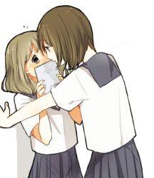 Rule 34 | 2girls, brown hair, commentary request, covering own mouth, flying sweatdrops, gavienc, holding, holding paper, kabedon, light brown hair, multiple girls, original, paper, simple background, standing, twitter username, wavy eyebrows, white background, yuri