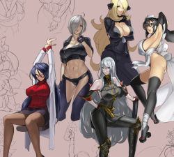Rule 34 | 00s, 6+girls, abs, ahoge, alternate color, angel (kof), armpits, arms up, ass, bare shoulders, black hair, black legwear, black panties, blonde hair, boots, breast hold, breasts, capcom, chair, chaps, cleavage, coat, collage, creatures (company), cropped jacket, crossed arms, crossover, cynthia (pokemon), detached sleeves, eu03, fingerless gloves, game freak, glasses, gloves, hair ornament, hair over one eye, hairclip, happy, hip focus, huge breasts, iroha (samurai spirits), jacket, jewelry, justice gakuen, knee boots, knee pads, knees, lab coat, large breasts, latex, leather, leather jacket, leotard, long hair, maid headdress, midriff, military, military uniform, minazuki kyouko, multiple crossover, multiple girls, muscular, navel, necklace, nintendo, one eye closed, pale skin, panties, pantyhose, pencil skirt, pendant, pokemon, pokemon dppt, red-framed eyewear, ribbed sweater, samurai spirits, sandals, selvaria bles, semi-rimless eyewear, senjou no valkyria, senjou no valkyria (series), senjou no valkyria 1, shiritsu justice gakuen, short hair, sideboob, skirt, smile, snk, sweater, teeth, the king of fighters, thighhighs, toned, under-rim eyewear, underwear, unfinished, uniform, very long hair, white hair, wide hips, wink