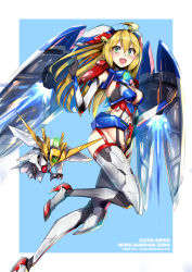 Rule 34 | black gloves, blonde hair, cowlick, gloves, green eyes, gundam, gundam wing, high heels, highres, i.takashi, mecha musume, mechanical wings, open mouth, personification, solo, thrusters, v-fin, wing gundam zero, wings