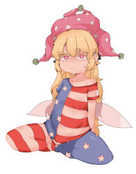 Rule 34 | 1girl, absurdres, american flag legwear, bad id, bad pixiv id, blonde hair, bright pupils, clownpiece, collarbone, fairy wings, hat, highres, jester cap, long hair, looking at viewer, pantyhose, pink eyes, pink hat, polka dot, shirt, short eyebrows, short sleeves, simple background, single bare shoulder, solo, soya6479, spread legs, star (symbol), star print, stripe cutout, striped, thick thighs, thighs, touhou, very long hair, white background, wings