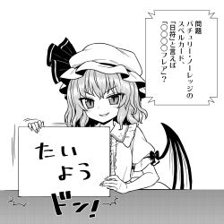 Rule 34 | 1girl, bat wings, bow, card, commentary request, doyagao, fang, fingernails, greyscale, hat, highres, itou yuuji, looking at viewer, mob cap, monochrome, remilia scarlet, sharp fingernails, short hair, smile, smug, solo, touhou, translation request, wings