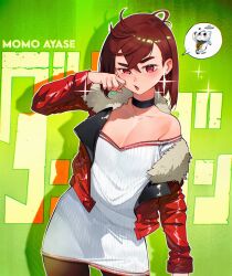 1girl ayase_momo bare_shoulders breasts brown_eyes brown_hair cesar_art456 choker cleavage crossed_bangs dandadan earrings fur-trimmed_jacket fur_trim hair_between_eyes highres jacket jewelry long_sleeves looking_at_viewer official_alternate_costume open_mouth pantyhose short_hair thick_eyebrows thighs turbo_granny