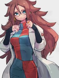 Rule 34 | 1girl, android 21, blue eyes, breasts, checkered clothes, checkered dress, closed mouth, dragon ball, dragon ball fighterz, dress, earrings, glasses, grey background, hair between eyes, hoop earrings, jewelry, kemachiku, lab coat, long hair, medium breasts, red hair, red ribbon army, ring, simple background, solo