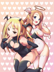 Rule 34 | &gt;:), 2girls, angel, angel and devil, bad id, bad pixiv id, bat wings, blonde hair, blue eyes, breasts, bridal gauntlets, brown eyes, brown hair, cleavage, cleavage cutout, clothing cutout, covered navel, demon, demon girl, elbow gloves, fake halo, finger to mouth, gloves, halo, head wings, heart, heart cutout, horns, koflif, large breasts, looking at viewer, multiple girls, onanie master kurosawa, open mouth, smile, sugawa maiko, takigawa magister, thighhighs, v-shaped eyebrows, wings