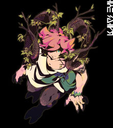 Rule 34 | 1boy, absurdres, alternate species, arm tattoo, black background, bow, closed mouth, commentary request, creatures (company), freckles, full body, game freak, green bow, green eyes, highres, horns, korean commentary, leaf, male focus, milo (pokemon), nail polish, nintendo, pink hair, plant, pokemon, pokemon swsh, redlhzz, shirt, short hair, sleeveless, sleeveless shirt, solo, tattoo, vines