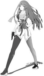 Rule 34 | 00s, 1girl, ass, bodysuit, boots, breasts, from behind, greyscale, ken marinaris, long hair, looking at viewer, looking back, monochrome, shadow, simple background, solo, thigh boots, thighhighs, very long hair, white background, yosimura, zone of the enders, zone of the enders 2