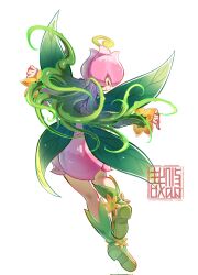 Rule 34 | artist logo, boots, closed eyes, detached sleeves, digimon, digimon (creature), dress, fairy wings, from behind, green footwear, green hair, green sleeves, highres, lilimon, long hair, monster girl, nail polish, pink dress, plant hair, simple background, white background, wings, youzaiyouzai112