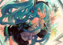 Rule 34 | 1girl, :o, absurdres, aqua eyes, aqua hair, aqua necktie, bare shoulders, bent over, black skirt, commentary, cowboy shot, detached sleeves, finger to mouth, foliage, grey shirt, hair between eyes, hair ornament, hand up, hatsune miku, headphones, highres, index finger raised, kaamin (mariarose753), long hair, looking ahead, microskirt, necktie, neon trim, open mouth, outdoors, outstretched arm, pleated skirt, pointing, pointing up, shirt, sidelocks, skirt, sleeveless, solo, twintails, very long hair, vocaloid