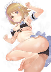 Rule 34 | 10s, 1girl, alternate costume, apron, arm up, armpits, ass, barefoot, bikini, black bikini, blush, breasts, brown eyes, brown hair, clenched hands, commentary request, curvy, enmaided, feet, flower, foot focus, frills, front-tie top, hair flower, hair ornament, idolmaster, idolmaster cinderella girls, large breasts, looking at viewer, maid, maid apron, maid bikini, maid headdress, mimura kanako, plump, short hair, sideboob, simple background, soles, solo, swimsuit, terumii, toes, unconventional maid, underboob, waist apron, white background