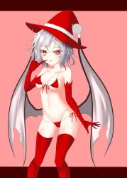 Rule 34 | 1girl, bikini, black wings, blush, breasts, christmas, commentary, dai zu san, demon wings, elbow gloves, finger to mouth, front-tie bikini top, front-tie top, gloves, grey hair, groin, halterneck, hat, highres, letterboxed, looking at viewer, low wings, medium breasts, messy hair, navel, open mouth, pink background, red eyes, red gloves, red hat, red thighhighs, remilia scarlet, short hair, side-tie bikini bottom, simple background, smile, solo, standing, string bikini, swimsuit, thighhighs, touhou, wings, witch hat