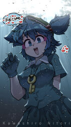Rule 34 | 1girl, arm behind back, backpack, bag, blue eyes, blue gloves, blue hair, blue shirt, breasts, carte, character name, covered erect nipples, english text, gloves, hair bobbles, hair ornament, hat, heart, jewelry, kawashiro nitori, key, key necklace, large breasts, looking at viewer, necklace, nipples, open mouth, shirt, short sleeves, skirt, solo, speech bubble, touhou, twintails, two side up, underwater