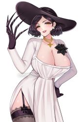 Rule 34 | 1girl, alcina dimitrescu, black flower, black gloves, black hair, black hat, bob cut, breasts, cleavage, commission, cowboy shot, dress, earrings, eyeshadow, flower, garter straps, gloves, gold necklace, hand on own hip, hand up, hat, highres, huge breasts, jewelry, jirafuru, light blush, long dress, long sleeves, looking at viewer, makeup, necklace, pale skin, pearl earrings, red lips, resident evil, resident evil village, side slit, solo, sun hat, swept bangs, wavy hair, white background, white dress, yellow eyes