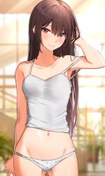 Rule 34 | 1girl, absurdres, arm behind back, armpits, blurry, blurry background, blush, breasts, brown hair, camisole, closed mouth, clothes lift, collarbone, commentary, cowboy shot, gluteal fold, groin, hair between eyes, hand in own hair, highres, kuro imu, long hair, looking at viewer, medium breasts, navel, original, panties, panty pull, polka dot, polka dot panties, red eyes, shirt lift, smile, solo, standing, stomach, straight hair, strap slip, sunlight, underwear, underwear only, white camisole, white panties