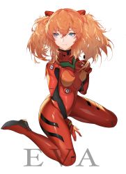 Rule 34 | 1girl, alternate hairstyle, arm between legs, bishiyuan, blue eyes, copyright name, expressionless, hair between eyes, hand on own chest, highres, interface headset, looking to the side, medium hair, neon genesis evangelion, plugsuit, sitting, solo, souryuu asuka langley, twintails, wariza, white background