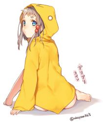 Rule 34 | 1girl, akayan, aqua eyes, ass, back, bare legs, barefoot, blush, commentary request, from behind, full body, grey hair, hair bobbles, hair ornament, highres, hood, looking at viewer, looking back, open mouth, raincoat, short hair, simple background, sitting, solo, twitter username