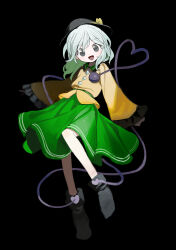Rule 34 | 1girl, belt, black background, black eyes, black footwear, black hat, blouse, bow, buttons, collared shirt, floating, floating hair, frilled sleeves, frills, full body, green belt, green hair, green skirt, hat, hat bow, head tilt, heart, highres, knee up, kokaki mumose, komeiji koishi, light blush, long hair, looking at viewer, open mouth, outstretched arm, raised eyebrows, shirt, simple background, skirt, sleeves past wrists, smile, solo, third eye, touhou, wavy hair, wide sleeves, yellow bow, yellow shirt