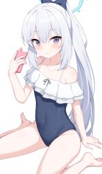 Rule 34 | 1girl, absurdres, bare shoulders, barefoot, blue archive, blue bow, blue one-piece swimsuit, blush, bow, cellphone, collarbone, commentary, covered navel, expressionless, frilled one-piece swimsuit, frills, hair bow, halo, hayana neru, highres, holding, holding phone, long hair, looking at viewer, miyako (blue archive), miyako (swimsuit) (blue archive), off-shoulder one-piece swimsuit, off shoulder, official alternate costume, one-piece swimsuit, parted lips, phone, ponytail, purple eyes, sideways glance, simple background, sitting, smartphone, solo, swimsuit, thighs, tsurime, very long hair, wariza, white background, white hair