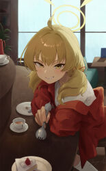 Rule 34 | 1girl, ahoge, blonde hair, blue archive, cake, cake slice, commentary request, food, fork, grin, halo, highres, holding, holding fork, jacket, long hair, long sleeves, low twintails, mzmch, official alternate costume, red jacket, shirt, smile, solo, twintails, white shirt, yellow eyes, yellow halo, yoshimi (band) (blue archive), yoshimi (blue archive)