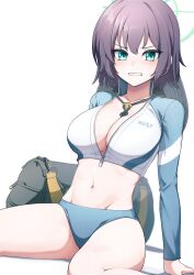 Rule 34 | 1girl, absurdres, bikini, blue archive, blue bikini, blush, breasts, clenched teeth, green eyes, green halo, groin, hair between eyes, halo, highres, large breasts, long sleeves, medium hair, navel, official alternate costume, projectorzero, purple hair, raglan sleeves, rash guard, saki (blue archive), saki (swimsuit) (blue archive), simple background, solo, swimsuit, teeth, white background