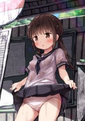Rule 34 | 1girl, :o, black neckwear, black skirt, blush, breasts, brown eyes, brown hair, bus stop sign, clothes lift, commentary request, cowboy shot, frog, highres, lifting own clothes, long hair, looking away, low twintails, mochiyuki, original, panties, parted lips, pleated skirt, school uniform, see-through, serafuku, shirt, short sleeves, skirt, skirt lift, small breasts, solo, standing, sunlight, twintails, underwear, wet, wet clothes, wet shirt, white panties