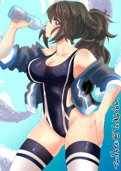 Rule 34 | absurdres, artist name, black hair, black thighhighs, blue eyes, bottle, breasts, drinking, goblintusk, hair between eyes, hand on own hip, highres, hip dips, kisu, large breasts, messy hair, off shoulder, one-piece swimsuit, ponytail, skindentation, swimsuit, thighhighs, twitch.tv, virtual youtuber, vrchat, water bottle