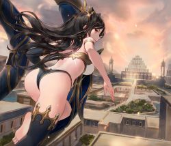 Rule 34 | 1girl, arched back, armlet, ass, back, barefoot, bikini, black bikini, black bow, black gloves, black hair, black thighhighs, bow, breasts, chowbie, cityscape, closed mouth, cloud, cloudy sky, earrings, elbow gloves, fate/grand order, fate (series), floating hair, foreshortening, from behind, gloves, hair bow, hoop earrings, ishtar (fate), jewelry, light smile, long hair, looking at viewer, looking back, medium breasts, middle eastern architecture, mismatched bikini, red eyes, single elbow glove, single thighhigh, sky, soles, solo, swimsuit, thighhighs, thighs, tree