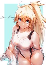 Rule 34 | 1girl, 1other, absurdres, ahoge, blonde hair, blue eyes, character name, closed mouth, collarbone, commentary request, competition swimsuit, fate/grand order, fate (series), hair tie, highleg, highleg swimsuit, highres, huge filesize, jacket, jeanne d&#039;arc (fate), jeanne d&#039;arc (ruler) (fate), jeanne d&#039;arc (swimsuit archer) (fate), jeanne d&#039;arc (swimsuit archer) (second ascension) (fate), long hair, looking at viewer, nakanishi tatsuya, off shoulder, one-piece swimsuit, open clothes, open jacket, outside border, ponytail, revision, sitting, smile, solo, swimsuit, water, whistle, whistle around neck, white jacket, white one-piece swimsuit