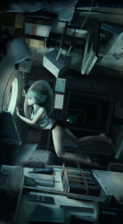 Rule 34 | 1girl, absurdres, bad id, bad pixiv id, barefoot, dutch angle, floating, from side, highres, indoors, looking outside, md5 mismatch, original, panties, papa (pixiv12443934), porthole, profile, purple eyes, short hair, silver hair, solo, space, tank top, underwear, underwear only, zero gravity