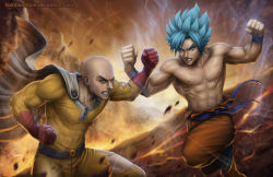 Rule 34 | 2boys, abs, angry, bald, battle, belt, boots, cape, clenched hands, clenched teeth, commentary, crack, crossover, deviantart username, dragon ball, energy, english commentary, epic, fire, gloves, ground shatter, manly, lava, multiple boys, muscular, one-punch man, pointy hair, realistic, saitama (one-punch man), sam delatore, topless male, signature, son goku, spiked hair, super saiyan, super saiyan blue, teeth, torn clothes