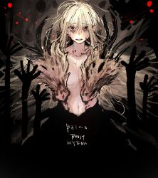 Rule 34 | 1girl, absurdres, bags under eyes, black background, black eyes, blonde hair, choujin x, distress, english text, hands up, highres, hyena girl, ishida sui, long hair, looking at viewer, messy hair, nude, official art, open clothes, red pupils, shishinegura palma, simple background, symbol-shaped pupils