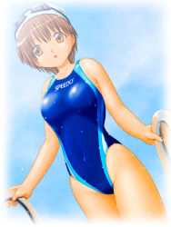 Rule 34 | 1girl, :o, blue background, blue one-piece swimsuit, blush, breasts, brown eyes, brown hair, character request, cloud, collarbone, competition swimsuit, copyright request, covered navel, cowboy shot, eyewear on head, female focus, from below, goggles, goggles on head, hair between eyes, highleg, highleg swimsuit, holding, large breasts, logo, looking at viewer, looking down, oka takeshi, one-piece swimsuit, open mouth, orange eyes, railing, short hair, sky, solo, speedo (company), swim cap, swim goggles, swimsuit, swimsuit writing, wet, white headwear