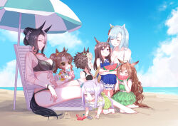 Rule 34 | 6+girls, :o, aged down, ahoge, all fours, animal ears, bare shoulders, barefoot, beach umbrella, bikini, black bikini, blue dress, blue hair, blush, bracelet, braid, breasts, brown hair, chair, child, cleavage, closed eyes, closed mouth, cloud, crown braid, cup, day, disposable cup, dress, drinking, eating, food, fruit, green dress, hair bun, hair ornament, holding, holding food, horizon, horse ears, horse girl, horse tail, jewelry, large breasts, licking lips, long hair, looking at another, looking at viewer, lounge chair, mejiro ardan (umamusume), mejiro bright (umamusume), mejiro dober (umamusume), mejiro family (umamusume), mejiro mcqueen (ripple fairlady) (umamusume), mejiro mcqueen (umamusume), mejiro palmer (umamusume), mejiro ramonu (umamusume), mejiro ryan (umamusume), multicolored hair, multiple girls, ocean, open mouth, outdoors, ponytail, purple hair, romi (346 ura), sand, sand castle, sand sculpture, see-through, see-through shirt, shirt, short hair, sideways glance, sitting, sitting on lap, sitting on person, smile, streaked hair, sunglasses, swimsuit, tail, tank top, tied shirt, tongue, tongue out, trowel, umamusume, umbrella, watermelon, watermelon slice, white bikini