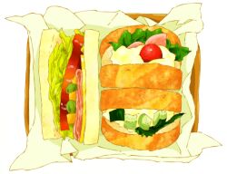 Rule 34 | bread, cherry tomato, cucumber, cucumber slice, food, food focus, haboban, lettuce, meat, no humans, original, sandwich, still life, tomato, tomato slice