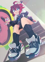 Rule 34 | 1girl, ahoge, black socks, blue archive, blue eyes, blue necktie, double bun, from below, graffiti, hair bun, halo, highres, holding, hood, hood down, hooded jacket, id card, jacket, ladder, light blush, long sleeves, looking at viewer, maki (blue archive), necktie, open mouth, paint on clothes, paint splatter, paint splatter on face, painting (action), puffy sleeves, red hair, shoes, short hair, sidelocks, sitting, sleeves past wrists, sneakers, socks, solo, spray can, spray paint, yuuhi alpha
