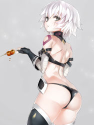 Rule 34 | 1girl, :t, arched back, arm belt, ass, back, bandaged arm, bandages, bare back, bare shoulders, bikini, black bikini, black footwear, black gloves, boots, breasts, buckle, butt crack, closed mouth, cowboy shot, dango, detached collar, eating, elbow gloves, fate/grand order, fate (series), fingerless gloves, food, from behind, gloves, green eyes, grey background, highres, holding, holding food, jack the ripper (fate/apocrypha), looking at viewer, scar, scar across eye, scar on face, short hair, shoulder blades, shoulder tattoo, silver hair, simple background, small breasts, solo, standing, swimsuit, taishi (picchiridou), tattoo, thigh boots, thighhighs, tsurime, wagashi