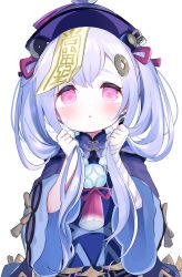 Rule 34 | 1girl, bandaged arm, bandages, bead necklace, beads, coin hair ornament, genshin impact, hair ornament, hat, highres, jewelry, jiangshi, long hair, long sleeves, looking at viewer, necklace, ofuda, ofuda on clothes, open mouth, purple hair, purple hat, qingdai guanmao, qiqi (genshin impact), simple background, solo, upper body, vision (genshin impact), white background, wide sleeves, yinpa (wanone500511)
