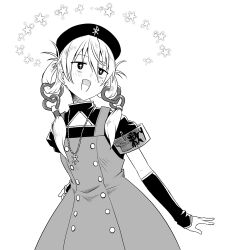 Rule 34 | + +, 1girl, :d, armband, bags under eyes, blush, dress, greyscale, hair between eyes, hair over shoulder, hat, long hair, long sleeves, low twintails, mole, mole under eye, monochrome, okiru, open mouth, original, puffy long sleeves, puffy sleeves, safety pin, see-through, simple background, smile, solo, star (symbol), starry background, twintails, very long hair, white background