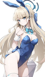 Rule 34 | 1girl, animal ears, aqua bow, aqua bowtie, arm behind back, bare shoulders, blonde hair, blue archive, blue bow, blue eyes, blue hairband, blue leotard, bow, bowtie, braid, breasts, briefcase, cleavage, commentary, cowboy shot, detached collar, dot mouth, earpiece, fake animal ears, fake tail, french braid, gya (144), hair bow, hairband, halo, highleg, highleg leotard, highres, holding, holding briefcase, leotard, long hair, looking at viewer, medium breasts, official alternate costume, playboy bunny, rabbit ears, rabbit tail, raised eyebrows, simple background, solo, strapless, strapless leotard, tail, thighhighs, toki (blue archive), toki (bunny) (blue archive), v over mouth, very long hair, white background, white thighhighs, white wrist cuffs, wrist cuffs