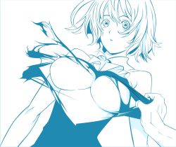 Rule 34 | 1girl, air gear, breasts, highres, large breasts, monochrome, sabafun, shirt grab, short hair, simca, solo, surprised, tearing clothes, torn clothes, white background