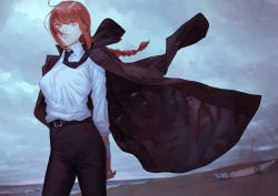Rule 34 | 1girl, arms behind back, beach, black necktie, black pants, boat, braid, braided ponytail, chainsaw man, cloud, cloudy sky, coat, coat on shoulders, collared shirt, cowboy shot, grabbing own arm, hair between eyes, highres, kaoming, long hair, looking at viewer, makima (chainsaw man), necktie, ocean, pants, parted lips, red hair, ringed eyes, shirt, sky, solo, watercraft, white shirt, wind