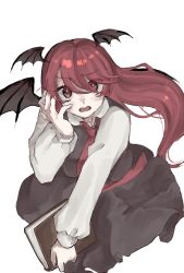 Rule 34 | 1girl, blush, book, emily 0043, eyes visible through hair, hair between eyes, hand up, head wings, highres, holding, holding book, koakuma, long hair, long sleeves, looking at viewer, necktie, open mouth, red eyes, red hair, shirt, simple background, sitting, skirt, skirt set, solo, touhou, vest, white background, white shirt, wings