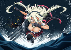 Rule 34 | 10s, 1girl, black thighhighs, breasts, brown eyes, brown hair, cleavage, covering face, dark-skinned female, dark skin, female focus, headgear, kantai collection, large breasts, long hair, looking at viewer, machinery, meme, miniskirt, musashi (kancolle), ocean, pleated skirt, running, skirt, sogabe toshinori, solo, thighhighs, turret, twintails, two side up, waterskiing (meme), zettai ryouiki