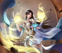 Rule 34 | 1girl, absurdres, bare legs, brown hair, closed mouth, crack, detached collar, doupo cangqiong, dress, energy ball, facial mark, forehead mark, fu guang qingqing, gu xun er (doupo cangqiong), hair ornament, highres, long hair, looking at viewer, second-party source, solo, upper body, white dress