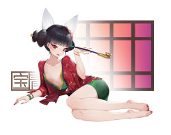 Rule 34 | 1girl, animal ears, baoqing fangzhu, bare legs, barefoot, bead bracelet, beads, black hair, blunt bangs, bracelet, breasts, commentary request, double bun, feet, female focus, fingernails, floral print, fox spirit (white snake), full body, green kimono, hair bun, hair ornament, hand up, highres, holding, holding smoking pipe, jacket, japanese clothes, jewelry, kimono, lcy bingzi, looking at viewer, lying, nail polish, obi, on side, parted lips, red eyes, red jacket, red nails, sash, short hair, simple background, small breasts, smoking pipe, solo, toenail polish, toenails, white background, baishe: yuanqi