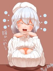 Rule 34 | 1girl, :d, arm rest, bad id, bad twitter id, blush, breast rest, breasts, cleavage, cleavage cutout, clothing cutout, colored eyelashes, commentary request, dated, fingers together, grey hair, hat, head tilt, highres, huge breasts, letty whiterock, meme attire, open-chest sweater, open mouth, pyonsuke (pyon2 mfg), ribbed sweater, simple background, sketch, smile, solo, sweater, teeth, tongue, touhou, translated, turtleneck