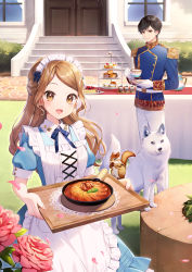 Rule 34 | 1boy, 1girl, :d, animal, apron, black hair, blue dress, blue jacket, blush, brown eyes, brown hair, building, closed mouth, commentary request, cup, day, dog, door, dress, epaulettes, flower, food, frilled apron, frills, gloves, highres, holding, holding cup, holding saucer, holding tray, jacket, long hair, long sleeves, looking at viewer, maid, maid apron, maid headdress, momoshiki tsubaki, official art, open mouth, original, outdoors, pants, petals, pink flower, pink rose, puffy short sleeves, puffy sleeves, rose, saucer, short sleeves, smile, squirrel, stairs, stone stairs, swept bangs, table, tablecloth, teacup, teapot, tiered tray, tray, white apron, white gloves, white pants, window