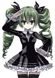 Rule 34 | 1girl, black dress, closed mouth, dark angel (module), dress, drill hair, frilled dress, frilled shirt collar, frilled sleeves, frills, green eyes, green hair, hair ribbon, hand on own hip, hatsune miku, highres, himitsu keisatsu (vocaloid), kasukasugom1, long sleeves, looking at viewer, neck ribbon, project diva (series), ribbon, salute, solo, thighhighs, twin drills, vocaloid, white background