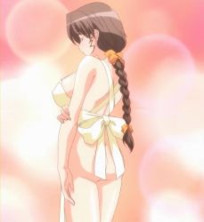 Rule 34 | 1girl, apron, arm grab, ass, blush, braid, braided ponytail, breasts, brown hair, cleavage, closed eyes, hair ribbon, large breasts, long hair, mature female, mature female, moroboshi kyouko, naked apron, nude, ribbon, screencap, sideboob, smile, solo, standing, stitched, sweet home, third-party edit