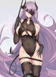 Rule 34 | 1girl, azur lane, bare shoulders, black footwear, black gloves, black leotard, black thighhighs, blue eyes, boots, breasts, cleavage, closed mouth, clothing cutout, collarbone, commentary request, cosplay, covered navel, demon horns, demon tail, elbow gloves, eyepatch, floating hair, gloves, gneisenau (azur lane), gneisenau (azur lane) (cosplay), gneisenau (nightmarish succubus) (azur lane), hair between eyes, halloween costume, head tilt, highres, horns, large breasts, leotard, long hair, looking at viewer, marshall k, pubic tattoo, purple hair, scharnhorst (azur lane), see-through, skindentation, smile, solo, standing, tail, tattoo, thigh boots, thighhighs, underboob, underboob cutout, very long hair